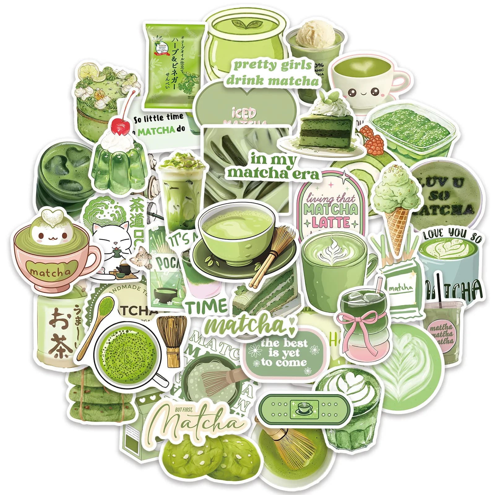 10/30/50PCS Green INS Style Matcha Dessert Cartoon Cute Fun Doodle Stickers DIY Water Cup Guitar Waterproof Decal Children's Toy