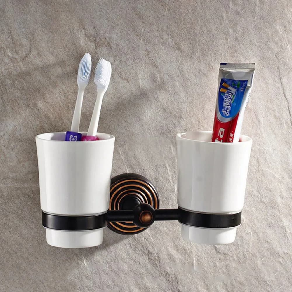Portaspazzolino in ottone lucidato a olio nero con doppi tazze in ceramica Accessori da bagno montati a parete aba143