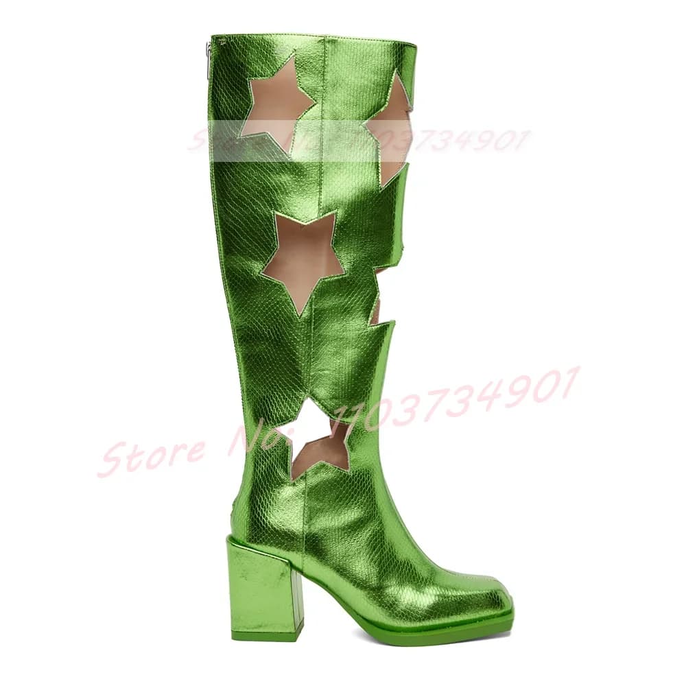 Stivali al ginocchio con punta quadrata cava a stella verde Stivali da donna con cerniera posteriore per feste in discoteca Stivali con tacco grosso Lady Fashion Punk Scarpe sexy