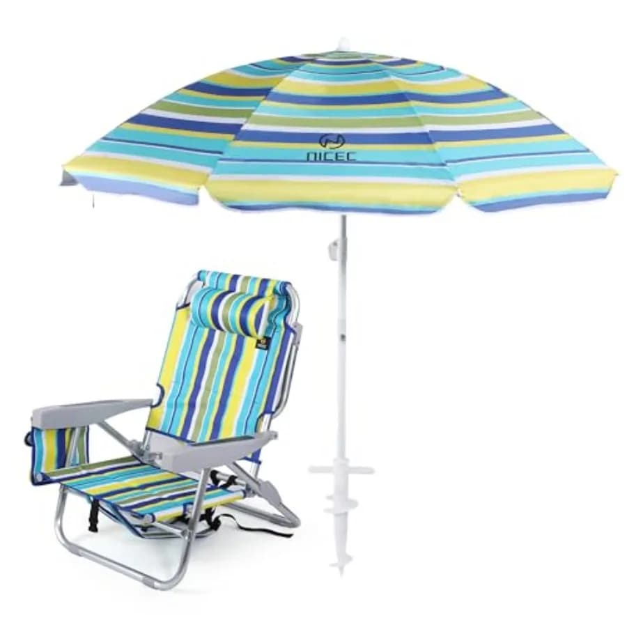Sedia da Spiaggia con Ombrellone per Esterni, Tessuto in Poliestere, Righe Blu e Bianche, Schienale Alto + Portabicchieri Integrato