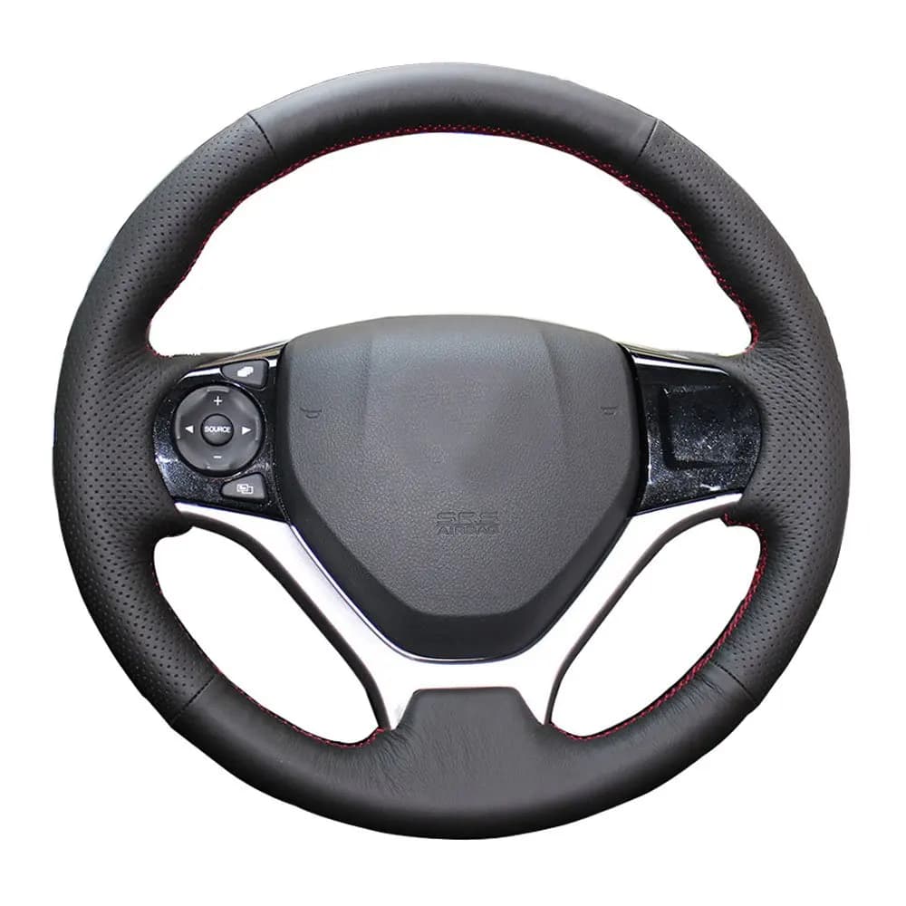 Coprivolante in vera pelle cucito a mano, antiscivolo, traspirante, nero con filo rosso per Honda Civic 2012-2015