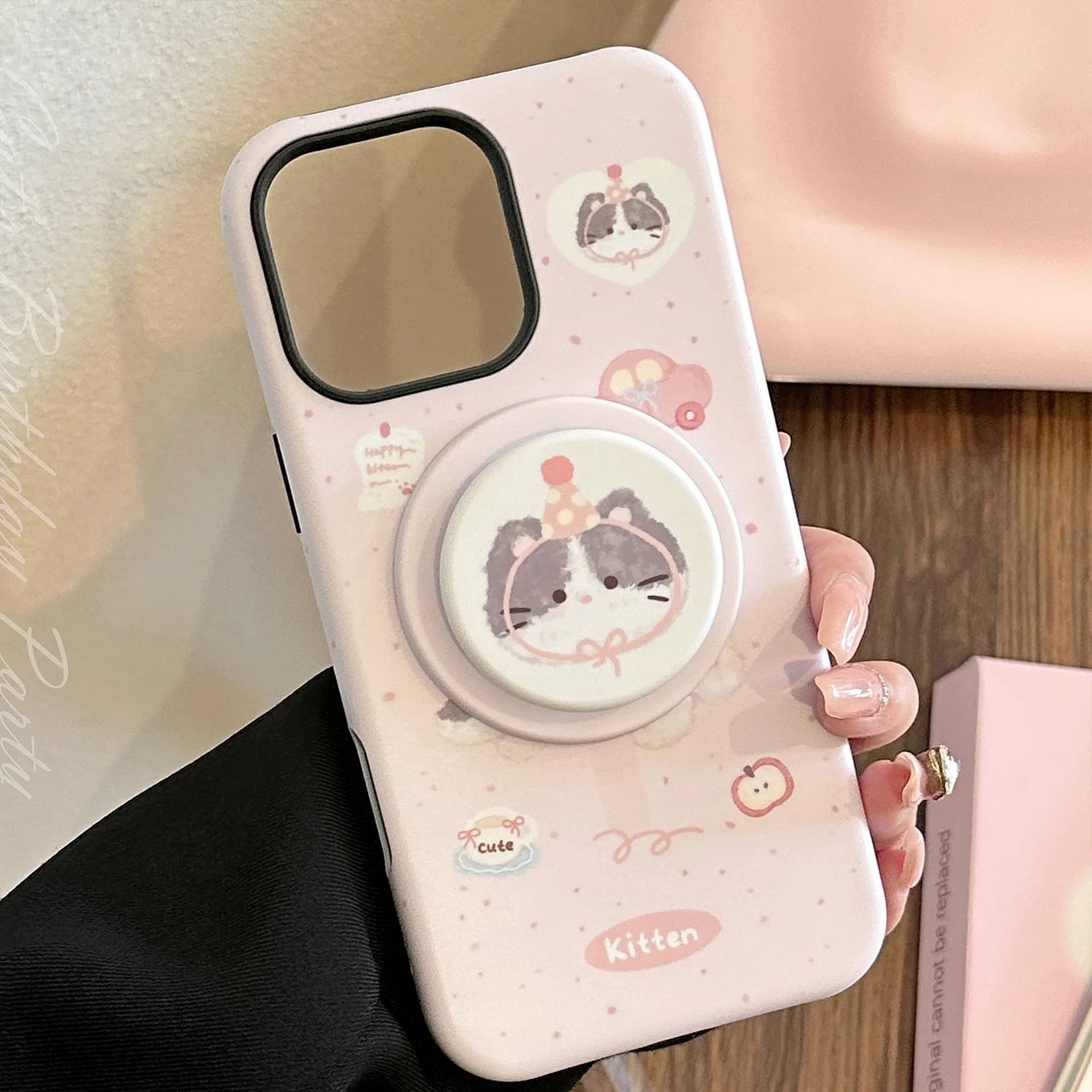 Custodia per telefono coreana rosa con gatto cartone animato e supporto magnetico per iPhone 17 Air 16 15 14 Plus 13 12 mini 11 Pro Max, cover morbida antiurto