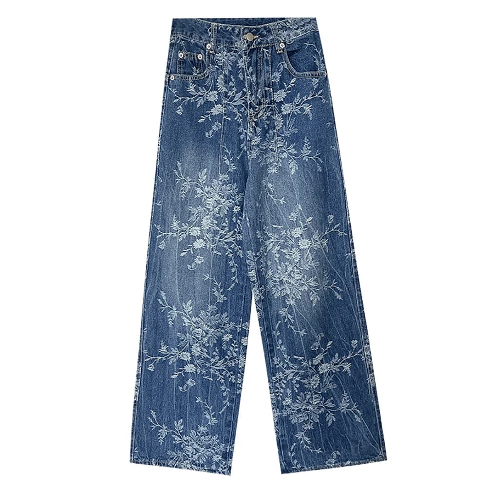 Pantaloni in denim floreale delicato dal design coreano Primavera Estate Jeans dritti a vita alta a gamba larga Pantaloni lunghi casual per tutti gli abbinamenti