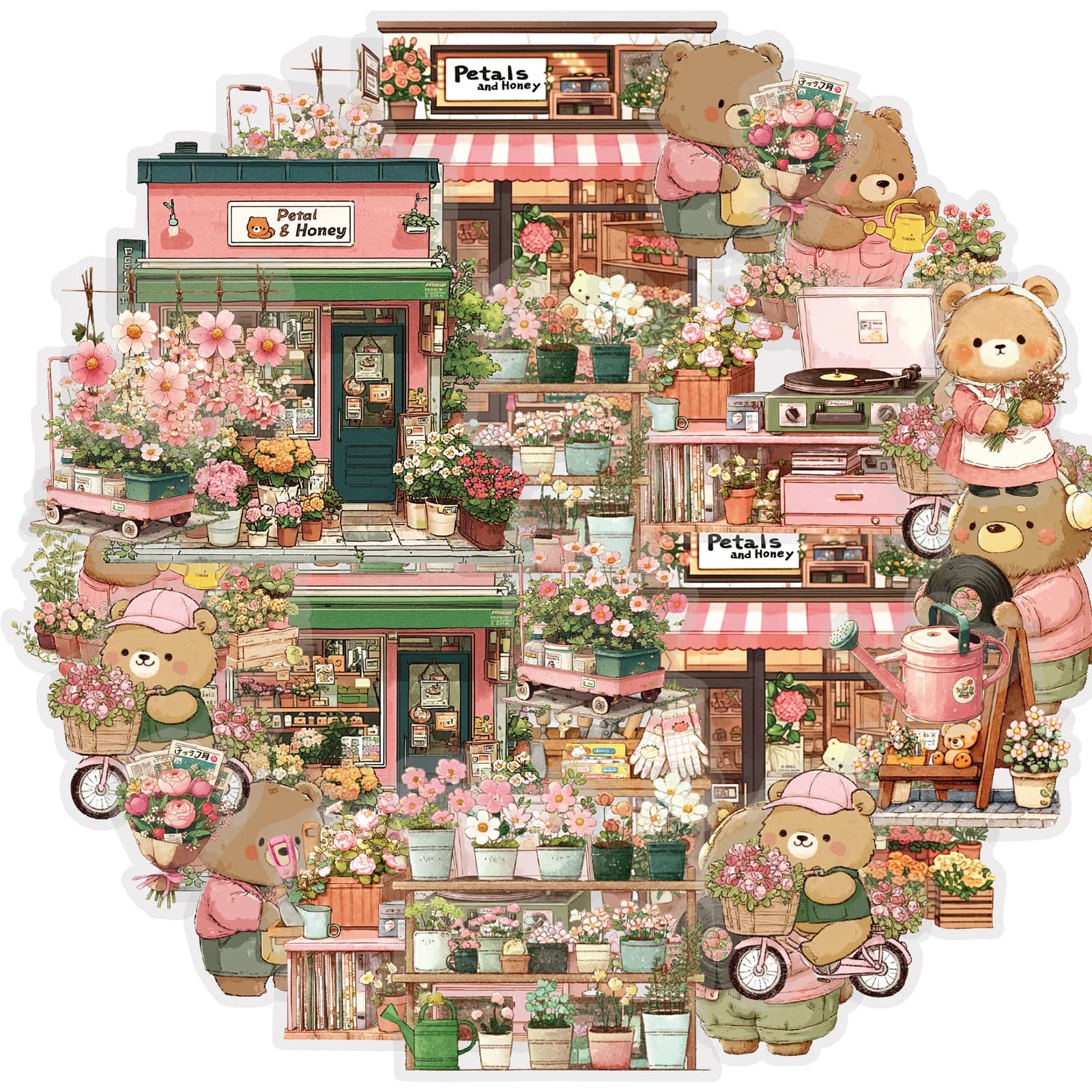 Etori Life 15 adesivi per animali domestici con orsetti carini, design floreale e motivi architettonici urbani, adatti per laptop, chitarre, diari, caschi, biciclette, forniture per scrapbooking, regali di compleanno e festività, artigianato fai da te, accessori per la decorazione dell'ufficio, estetica artistica, adesivi impermeabili, adesivi irregolari di alta qualità, cancelleria coreana