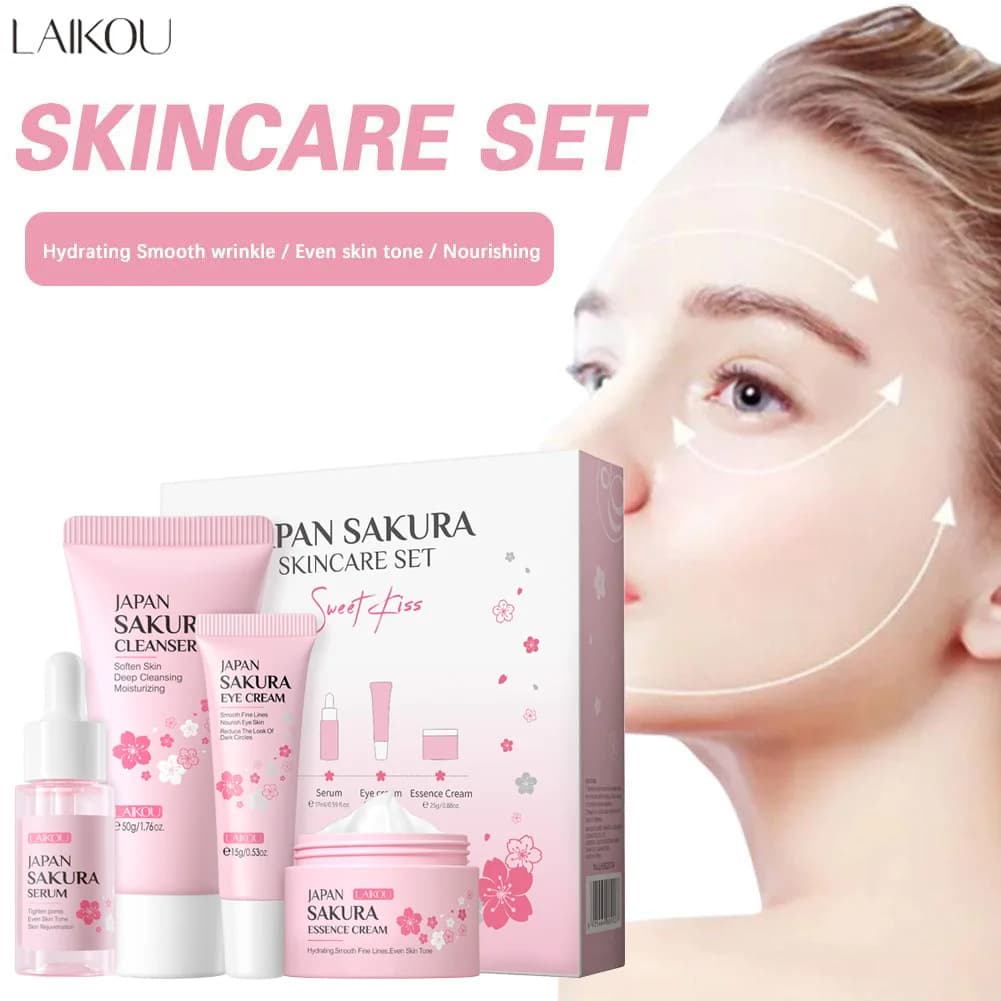 Set di prodotti per la cura della pelle Laikou Sakura con detergente, siero, crema contorno occhi, crema essenza, prodotti di bellezza per donne, regalo di Natale.
