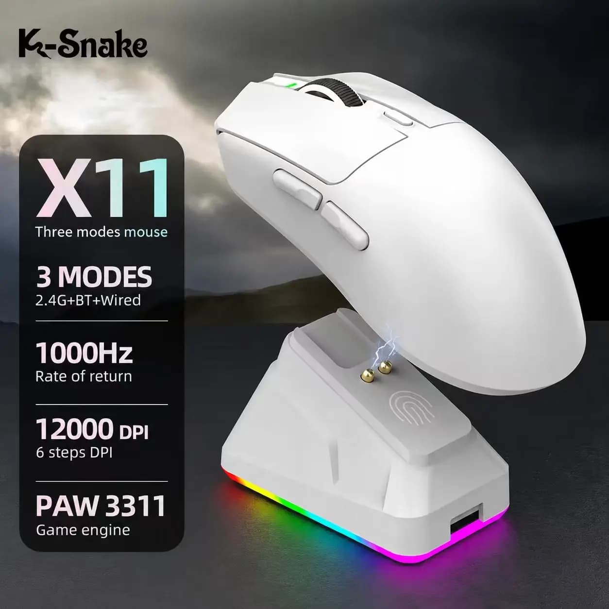 X11 PAW3311 Gaming Mouse Tri-Mode 2.4Ghz Wireless Bluetooth with RGB Charging Stand Lightweight Mouse for PC Office Laptop & Mac