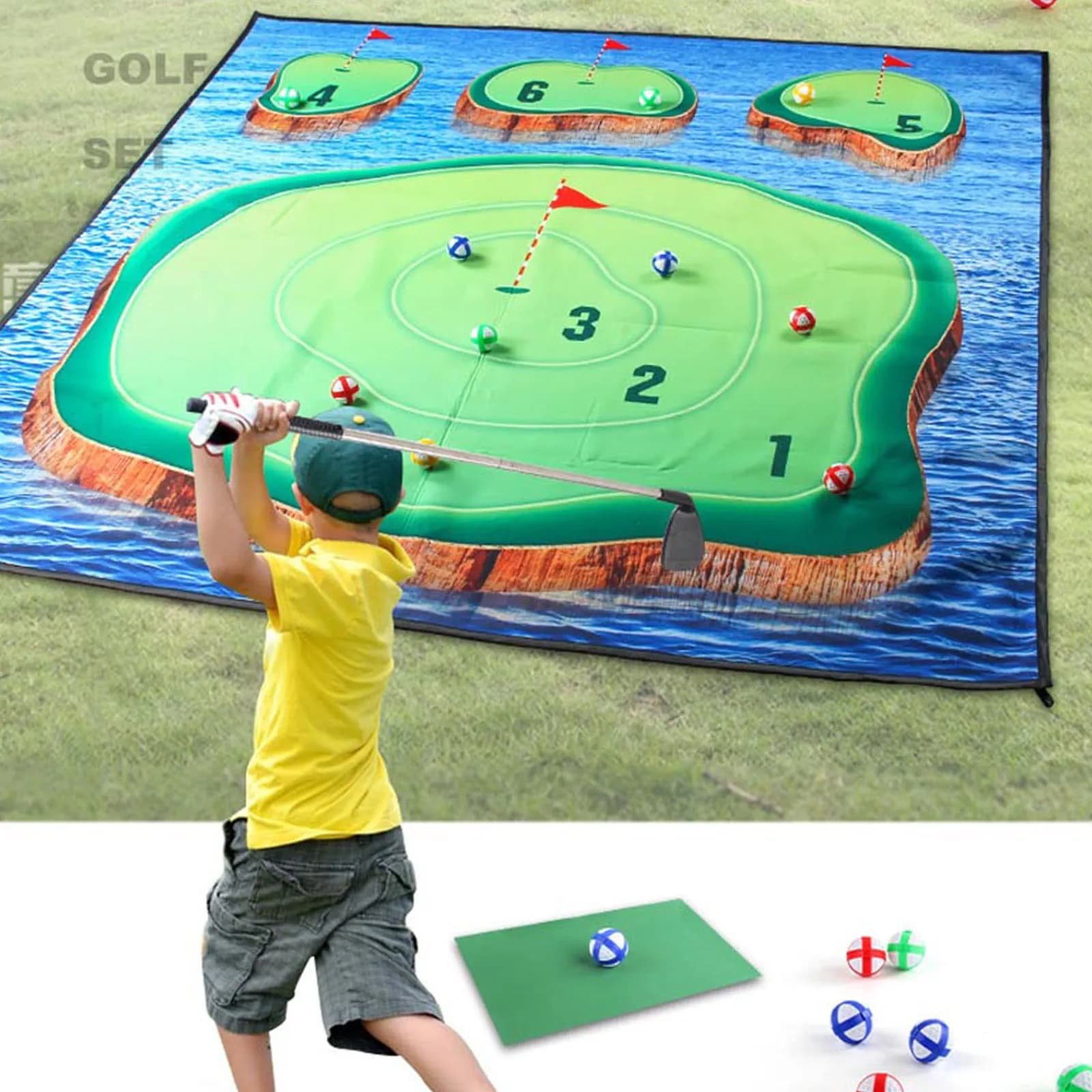 Set da Golf per Bambini: Tappetino da Golf (1 pz), Pad da Allenamento (1 pz), 20 Palline, Borsa Portaoggetti (1 pz), 4 Ganci da Terra e 4 Ganci per Palo