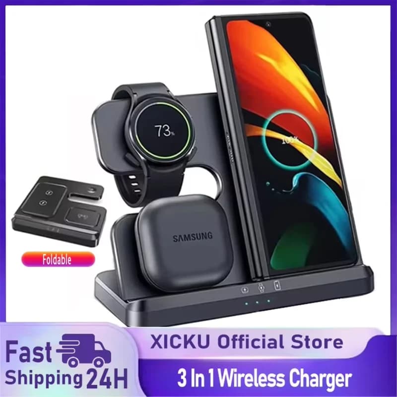 Supporto per caricabatterie wireless 3 in 1 da 100 W per Samsung Galaxy S24 S23 Untra Galaxy Watch 8 Active 2 1 Buds Dock station di ricarica rapida