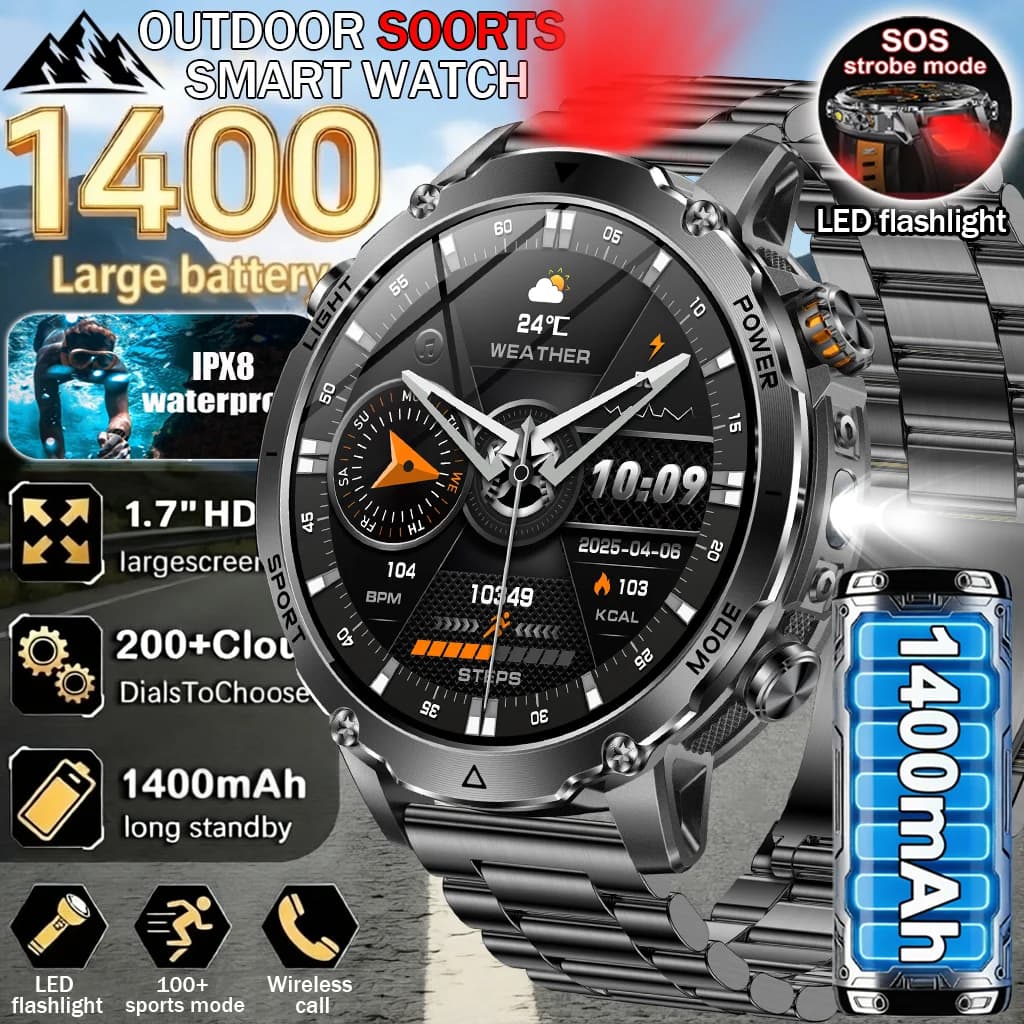 Nuovo smartwatch da 1400mAh con lampeggiamento SOS + suono di allarme, monitoraggio fitness, monitoraggio della salute, funzione di chiamata wireless, torcia