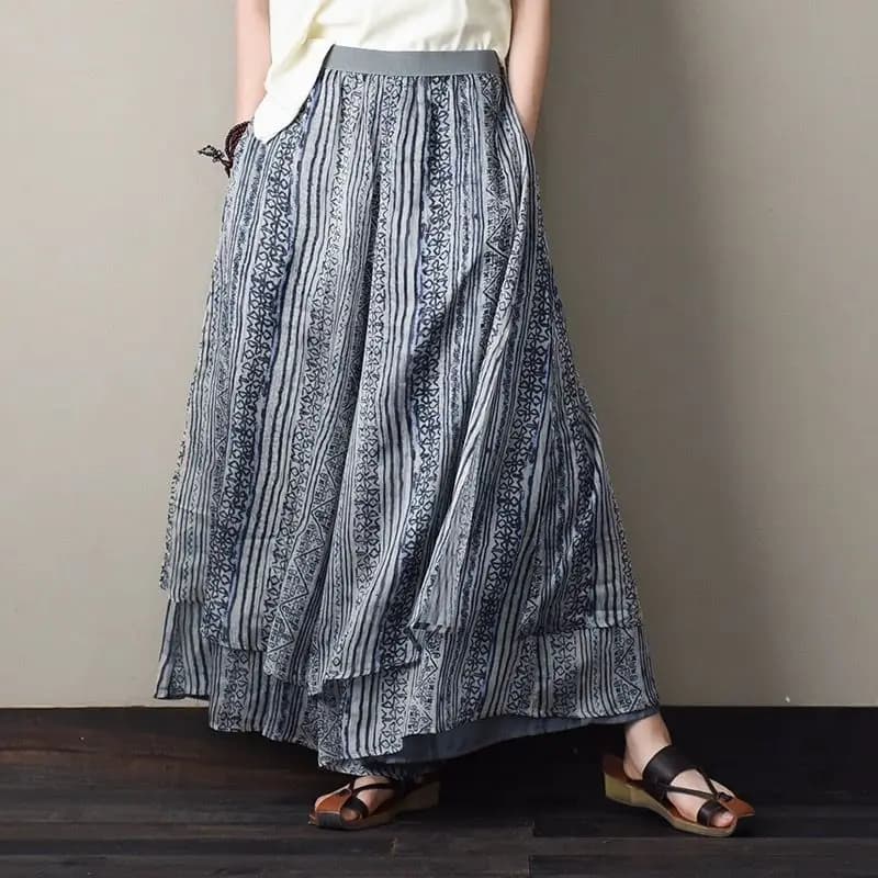 Summer Floral Print Loose Wide Leg Pants plus Size Elastic Waist Nine Points Women's Skirt Pants Cotton Long Skirts