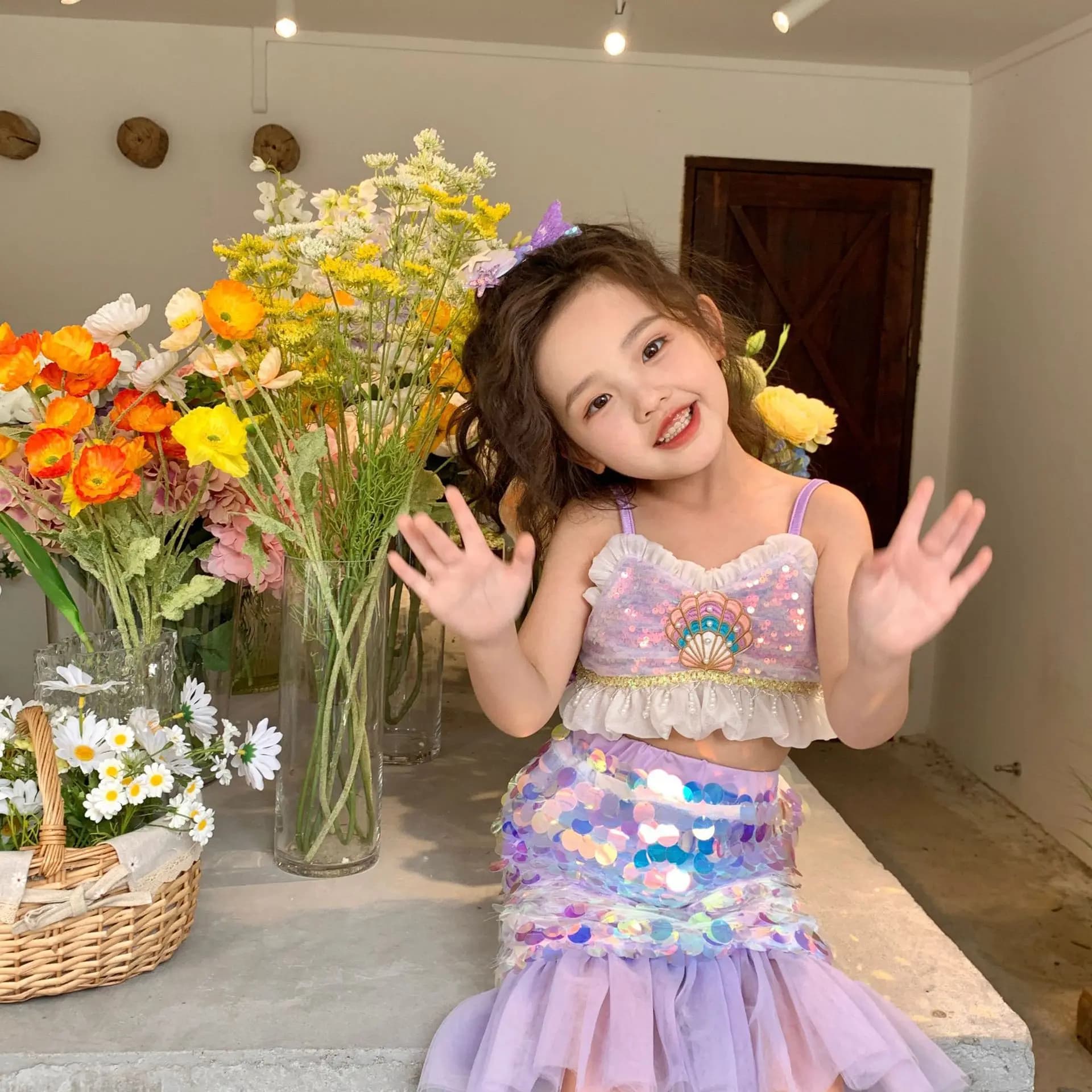 2026 Summer Princess Style Girls Set Sequin Crop Top+Fish Tail Skirt 2Pcs Clothes Purple Sleeveless Kids Outfit
