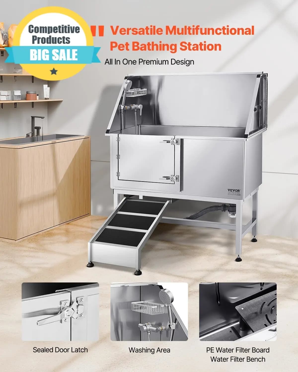 Substantial Stainless Steel Dog Washing Station, 50 Inch Pet Grooming Tub W/Ramp, PE Water Filter Board, Faucet & Showerhead & S
