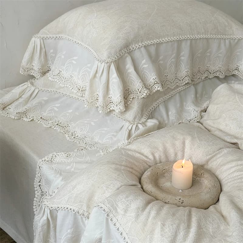 Set di biancheria da letto con volant in pizzo jacquard vintage in cotone e lino naturale, copripiumino Queen King Size, lenzuolo, federe, 4 pezzi