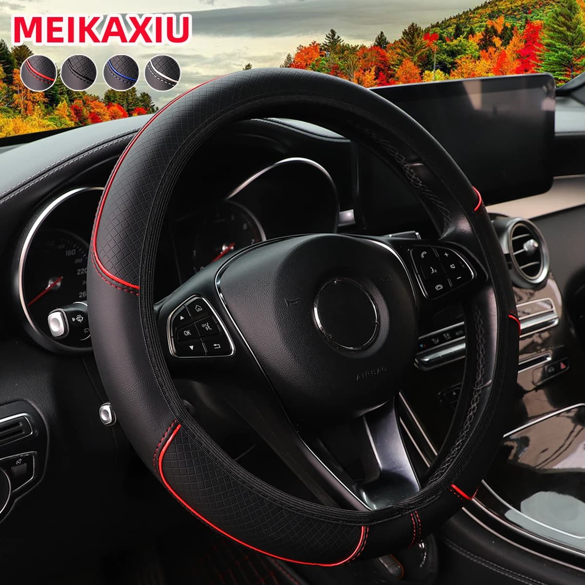 Una striscia rossa blu goffrata in pelle per auto senza anello interno coprivolante adatta per forniture interne per auto da 14,5-15 "37-38 cm