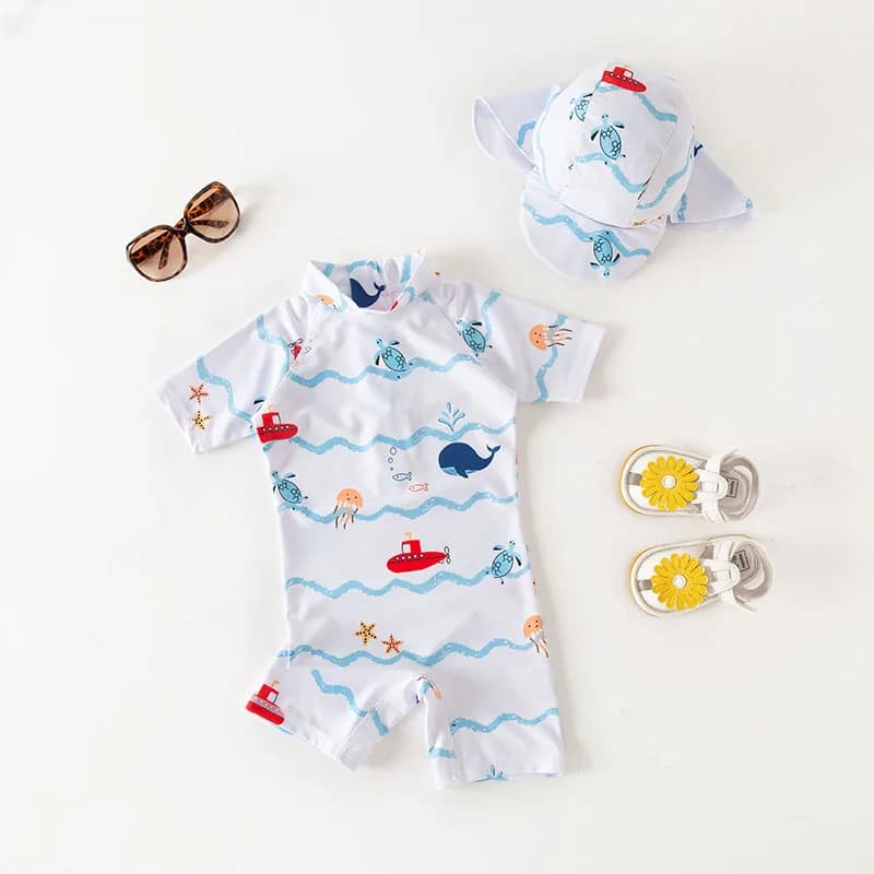 3466Costume da bagno intero per neonato bianco Ocean World Costumi da bagno congiunti con cuffia da nuoto/Costume da bagno da spiaggia per bambini