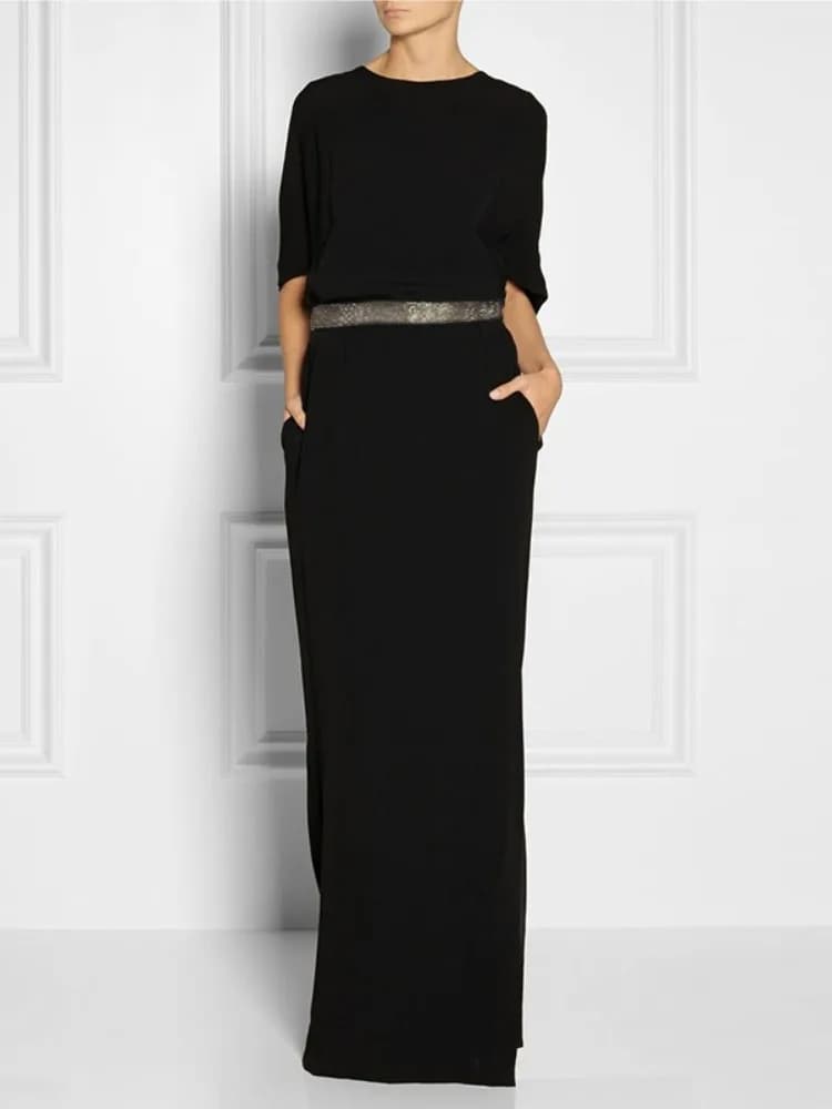 Women's Long Dress Black Crew Neck Long Sleeved Long Fit Spring Summer 2026 With High Waist Belt, Maxi Casual Holiday Dress