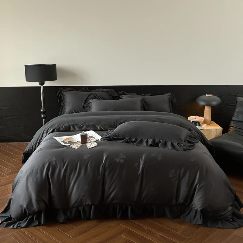 Set copripiumino jacquard con pizzo in cotone lavato Queen/King Size Copripiumino nero housse de couette 220x240 Biancheria da letto di lusso