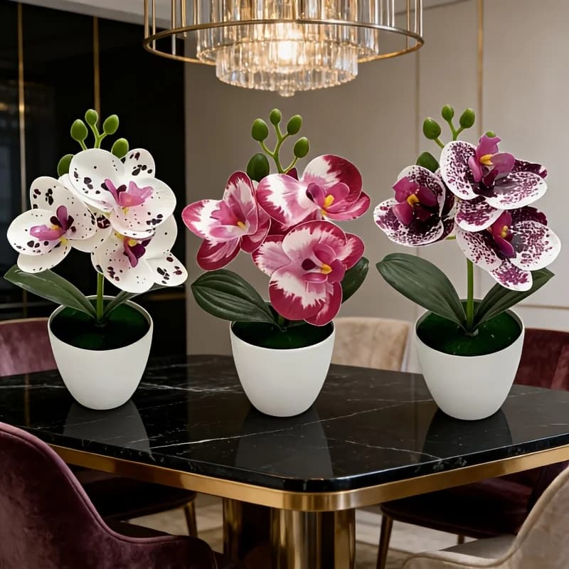 Set of 3 Pieces Bonsai with Orchidea Butterfly Simulated, Artificial Plant for Desk, Dining Table, Home, Office, Vase, Decoration for Weddings and Gifts