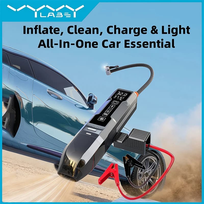 VYVYLABS Aspirapolvere per Auto Ricaricabile 4-in-1 con 3 Modalità, Luce LED, Gonfiatore Pneumatici Senza Fili, Avviatore d'Emergenza 12V per Auto