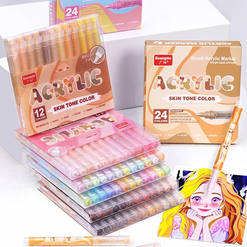 GuangNa 12/24/72 Colors Soft Brush Acrylic Marker Pen Set,Skin Tone, Macaron Color,DIY Hand Drawn,Paint Art Markers Pens Drawing