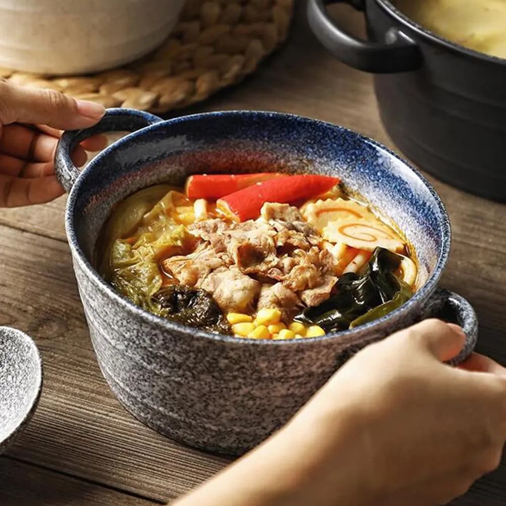 1Pcs Premium Ceramic Double-Handle Soup Bowl Japanese Style Noodle Bowl Food Container for Home Restaurant Hotel Eco-Friendly
