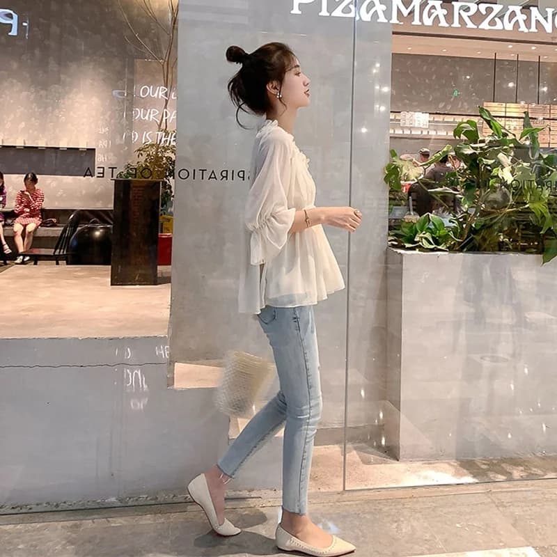 Camicetta Estiva Chic Ultra-Fairyish da Donna a Maniche Corte in Chiffon, Top Coreano con Scollo a V che Nasconde la Pancia, Stile Coreano Primavera Autunno