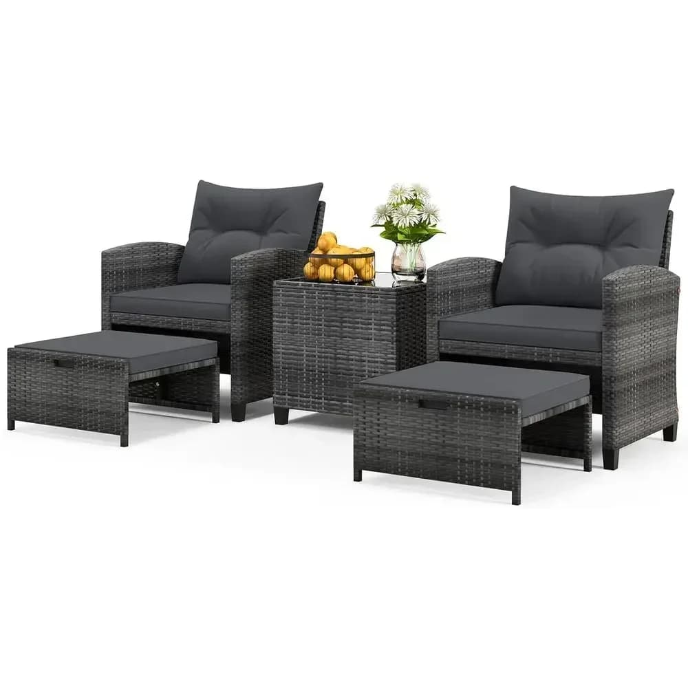 5-Piece Outdoor Patio Furniture Set with Ottoman, Wicker Sectional with Cushions, Glass Coffee Table, Rattan Lounge Chairs, Bist