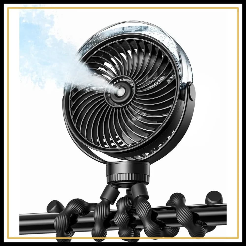 Misting Stroller Fan – Portable Baby Fan with Spray Cooling, 4 Speeds, Quiet Rechargeable Fan for Travel, Outdoor, Golf Cart, Car Seat, Beach (Black)