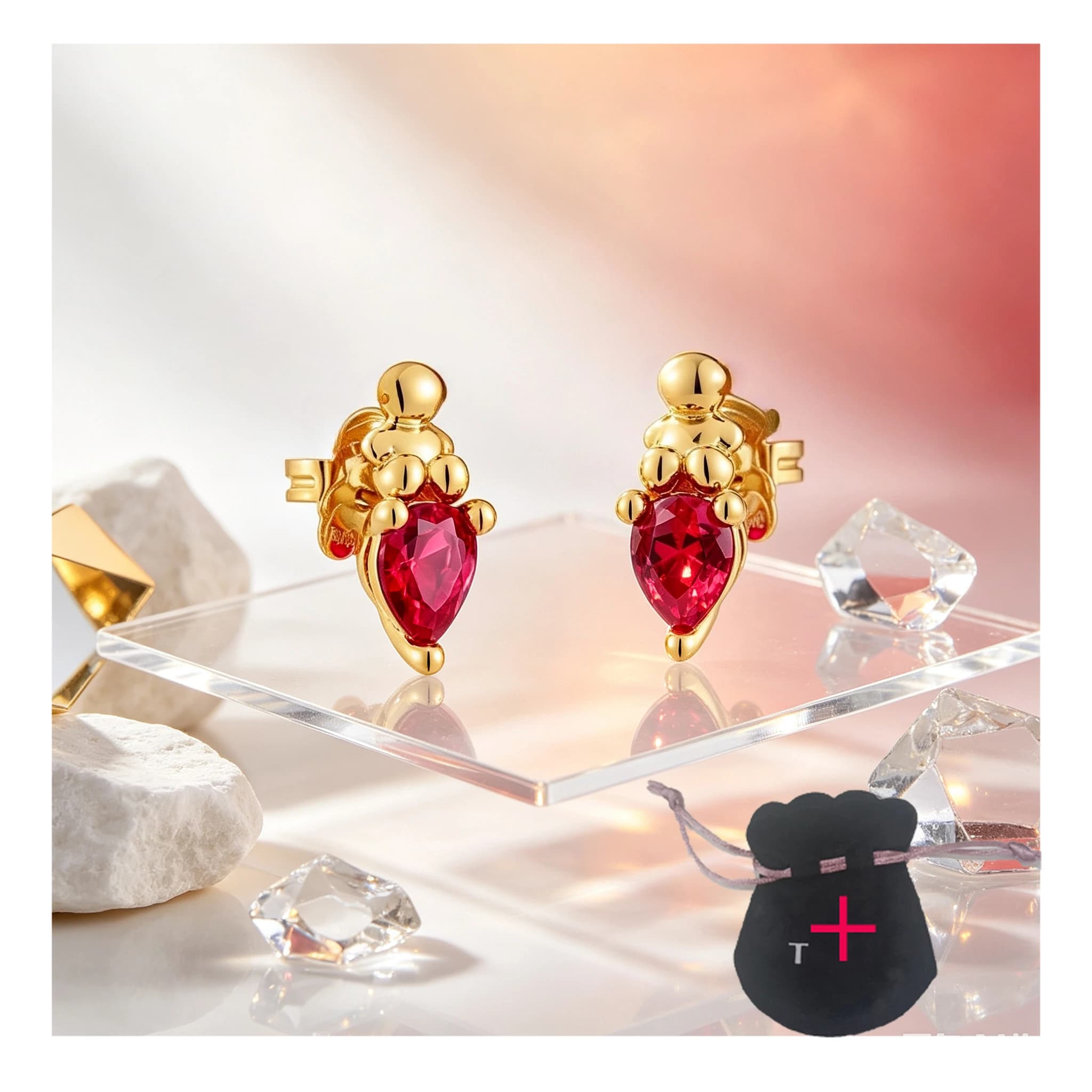 Gold Cute Bear Stud Earrings Pear Shape Ruby Red Zircon Three Prong Lovely Jewelry for Women Daily Party Gift