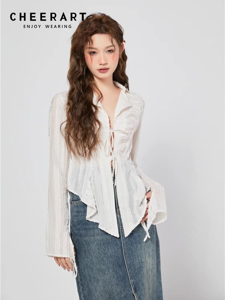 Camicie e camicette a maniche lunghe in Chiffon con fasciatura CHEERART Top firmato per le donne camicia con colletto 2023 vestiti di tendenza alla moda