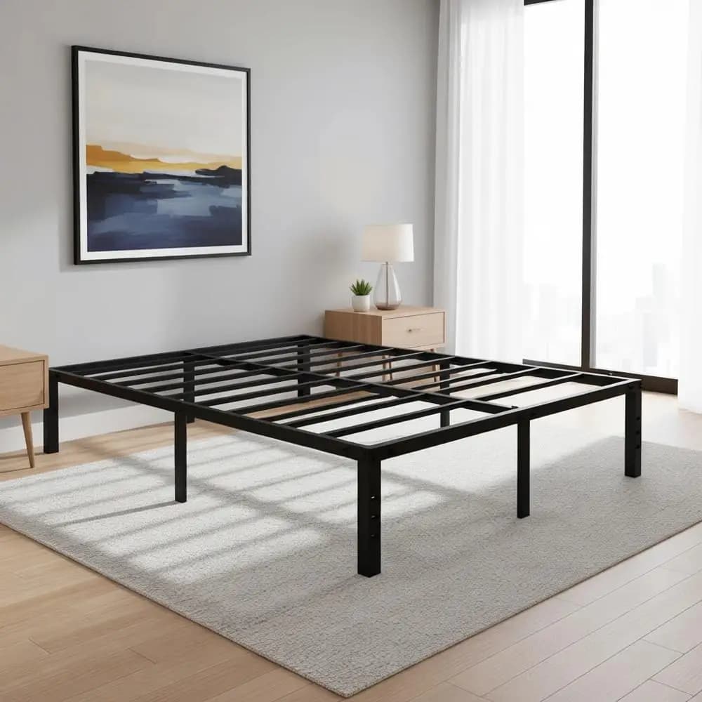 18 inch high metal platform bed with container, sturdy slats holder, easy to mount, no spring net required, black