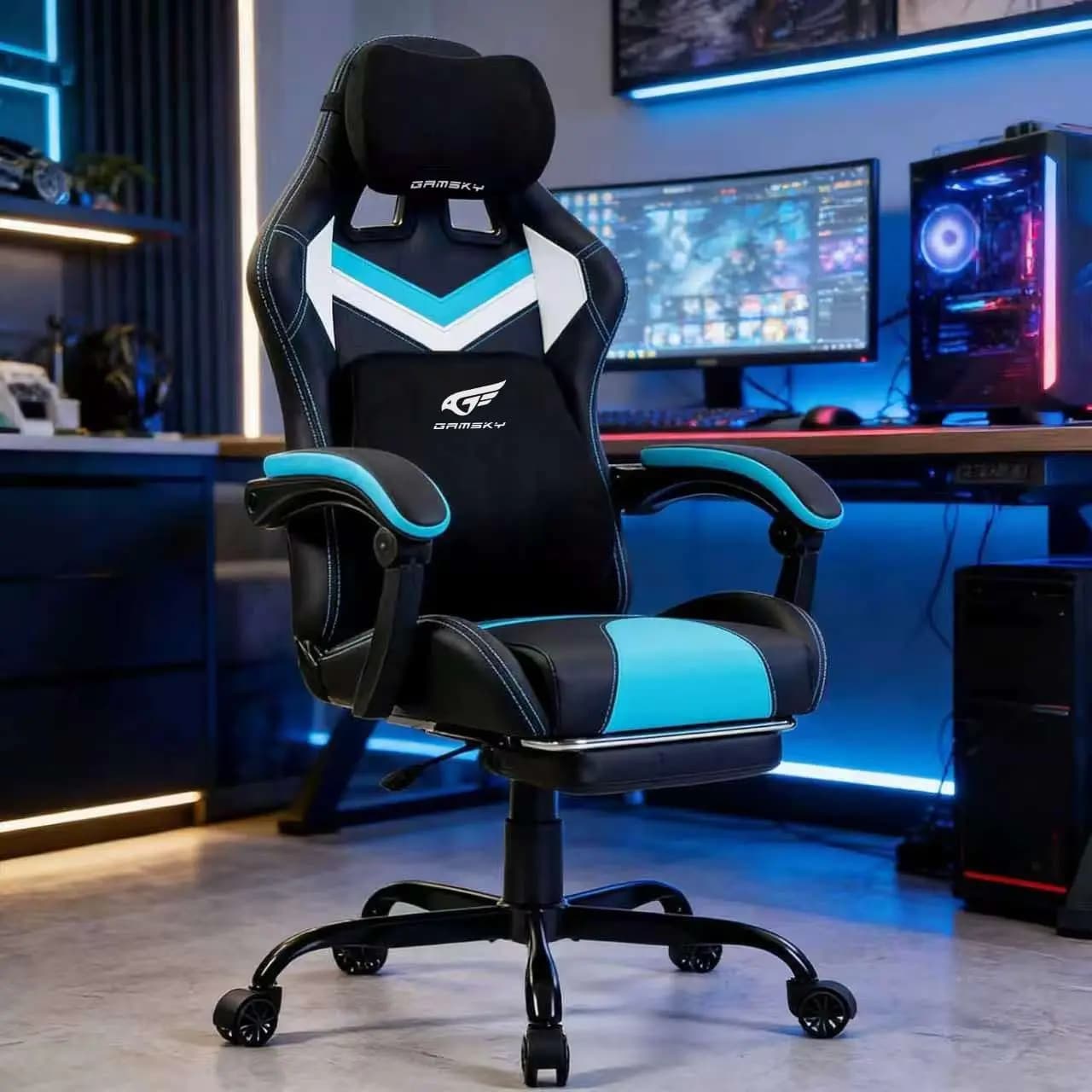 Sedia da Gaming Ergonomica Regolabile in Altezza Reclinabile a 135 Gradi ° Sedia da Ufficio con Poggiapiedi, Poggiatesta e Supporto Lombare, Blu, Personalizzabile