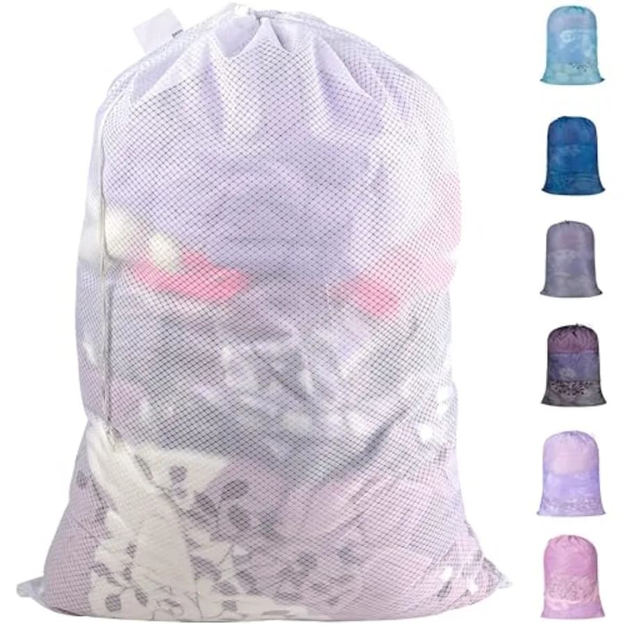 Heavy Duty Diamond Mesh Laundry Bags 24x36" - Machine Washable Large Commercial Grade Laundry Bag with Drawstring and ID Tag fo