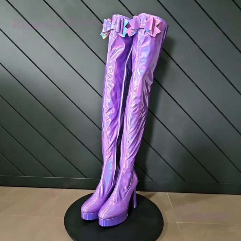 Stivali Alti al Ginocchio Viola Scuro Metallizzato con Glitter, Stile Festa con Fiocco, Tacco Grosso a Plateau, Punta Rotonda, Cerniera Lunga, Scarpe Sexy da Donna