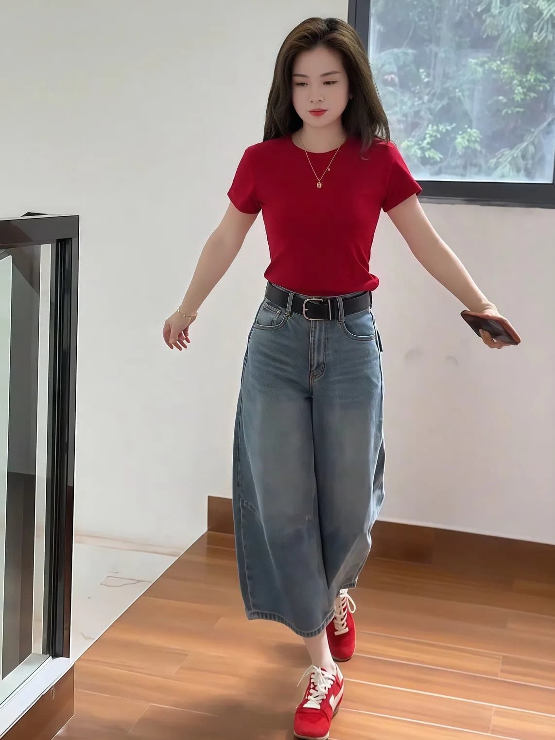 Set due pezzi da donna alla moda in stile Hong Kong, top snellente e jeans a vita alta, abbigliamento casual estivo in tessuto di poliestere