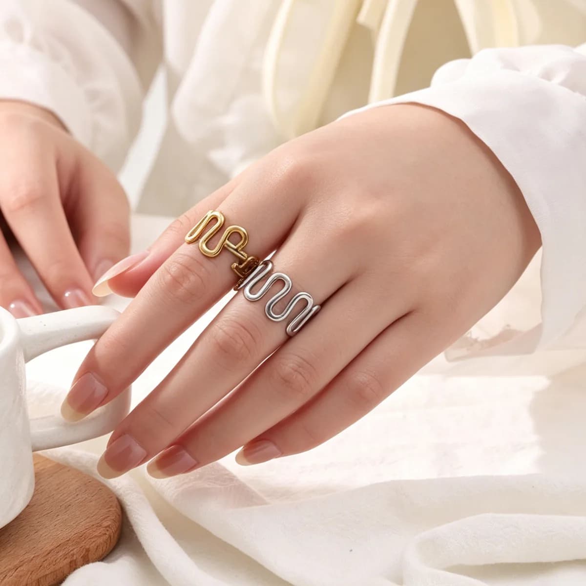 1pcs European and American Ins style niche design U-shaped wave opening ring stainless steel metal plated 18K gold ring, Women Jewelry Set Necklace Earrings Studs Ring Bracelet Anklet Boho Fashion Accessories