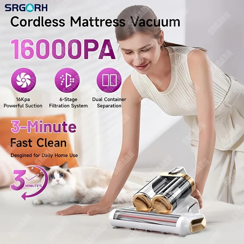 Aspirapolvere per materassi versione aggiornata, pulitore profondo per materassi, aspirapolvere per letto da 16Kpa con UVC, aria calda e riscaldamento potente, forte aspirazione, aspirapolvere portatile a doppia tazza per divano, cuscini, lettino, peli di animali domestici, regalo per la festa della mamma