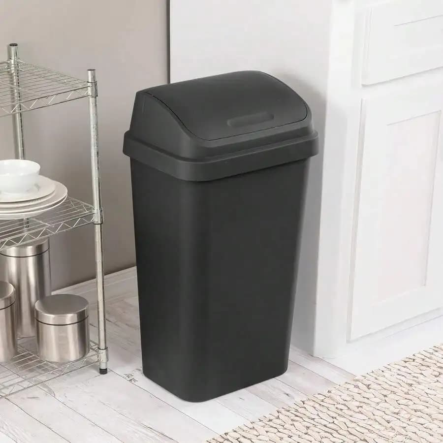 Black Swing Top Trash Can Rectangle Plastic 10L Kitchen Wastebasket