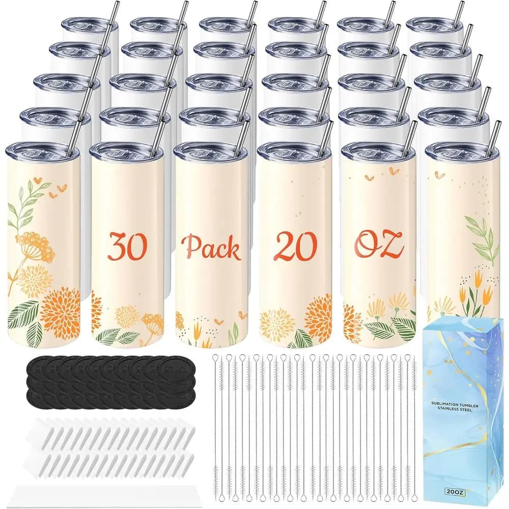 Set da 30 Bicchieri per Sublimazione Vuoti da 20 oz, Modello Dritto e Sottile, con Carta per Sublimazione, Coperchi e Aghi, Pellicola Termoretraibile, in Acciaio Inossidabile