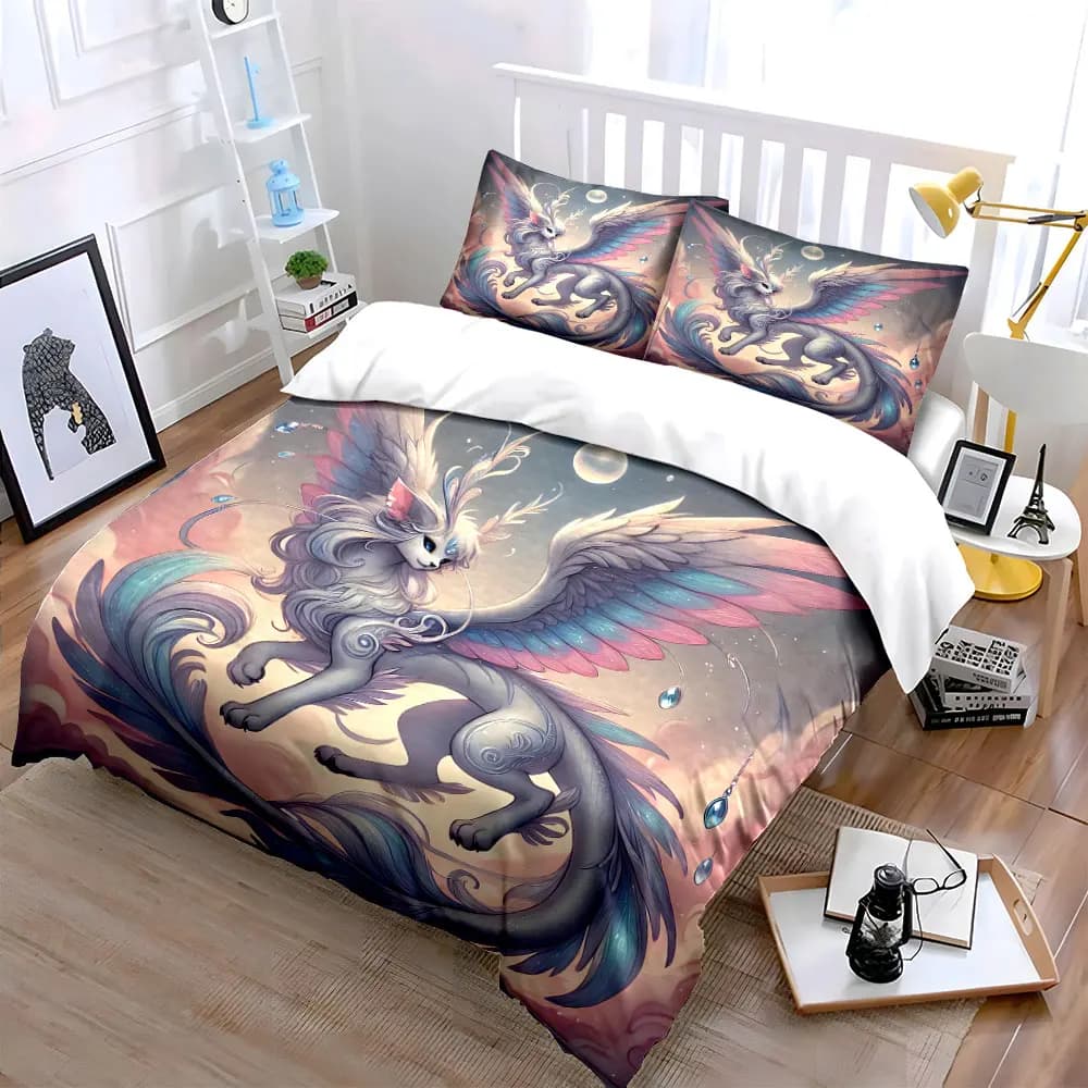 Set di Biancheria da Letto con Stampa di Animali Fantastici, Tre Pezzi: 1 Copripiumino e 2 Federe, Disponibile in Misure Singolo, Doppio, King, Queen, Idea Regalo