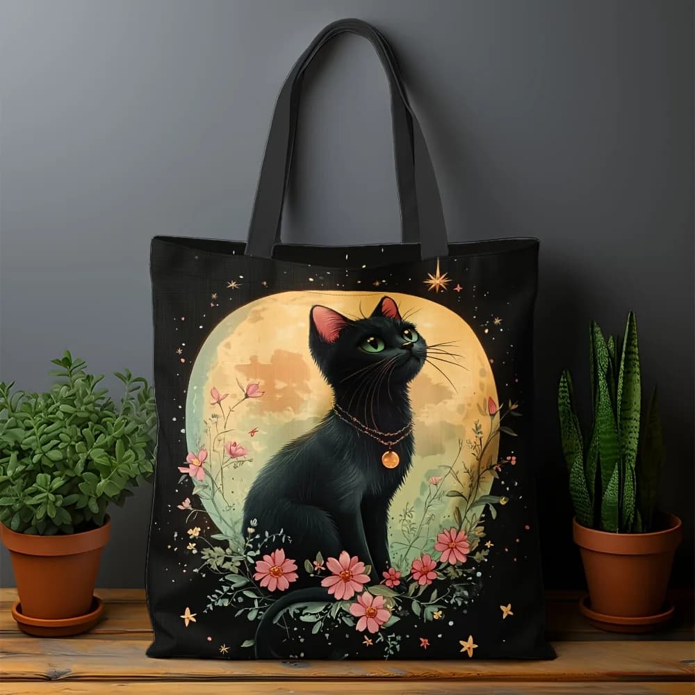 1pc Charming Black Cat & Floral Wreath Tote Bag - Durable, Spacious Shoulder Bag for Women | Perfect for Shopping