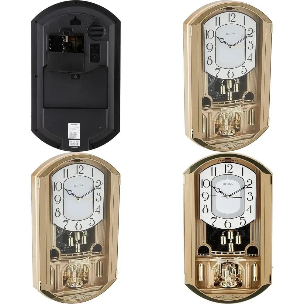 Orologio da Parete Musicale Dorato con Pendolo in Cristallo, 12 Melodie, Controllo del Volume, Spegnimento Notturno
