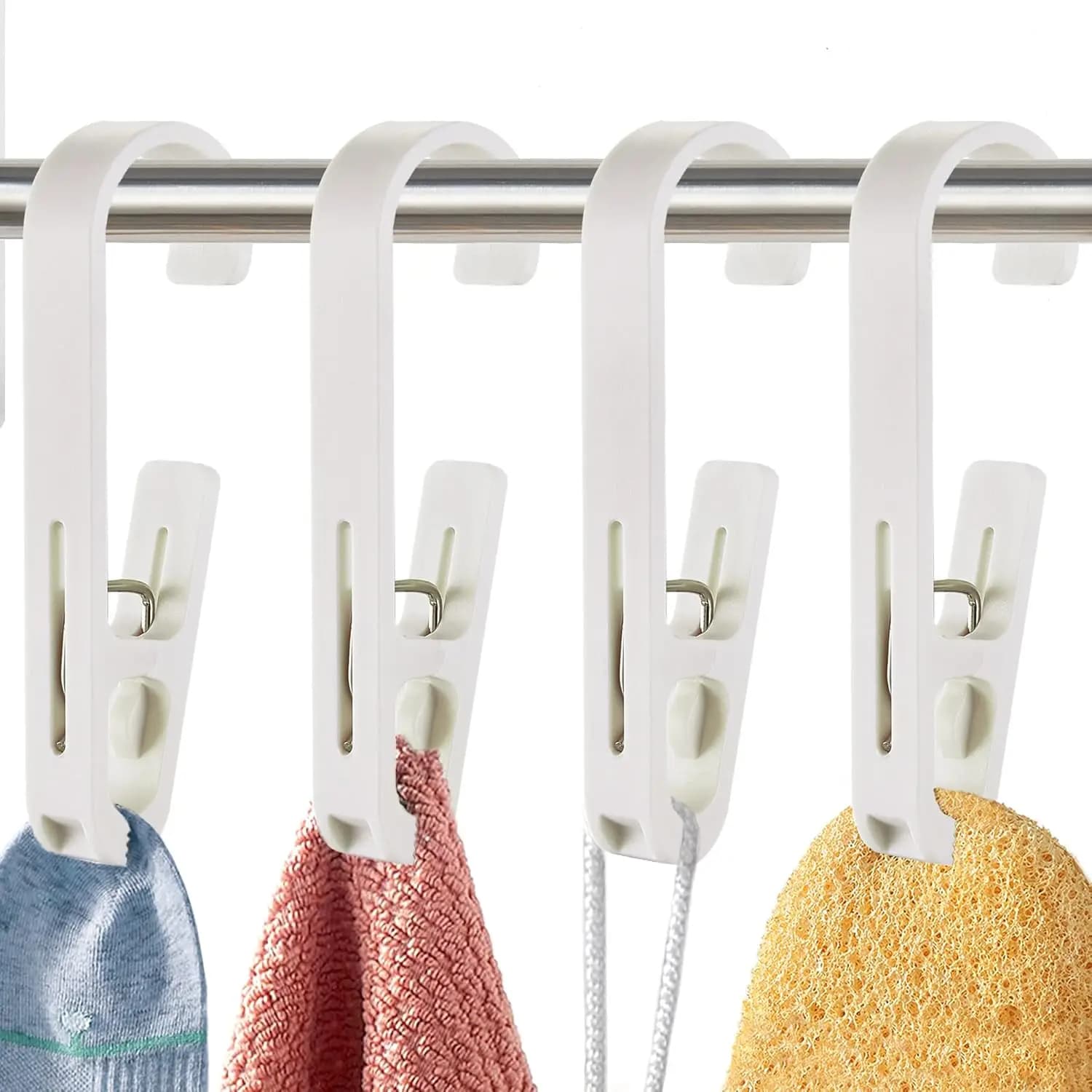 Ganci Appendiabiti con Clip, Organizzatore per Armadio, Morsetti per Calzini, Reggiseni, Asciugamani, Bagno, Guardaroba, Cucina, Ufficio, 4 Pezzi, Bianco