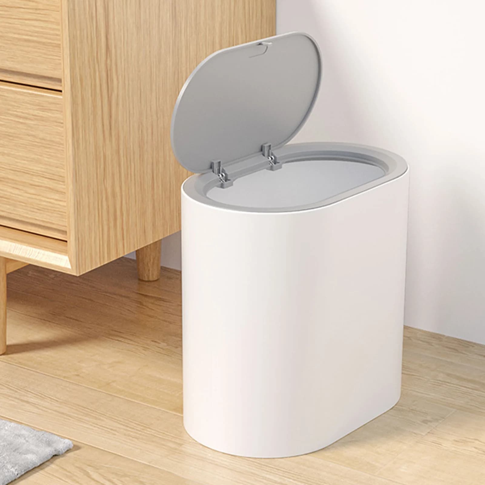 Bidone della spazzatura Bidone della spazzatura del bagno con coperchio Pressa Cestino dei rifiuti superiore Elegante bidone della spazzatura sottile Spazi compatti Cestino della spazzatura per la cucina