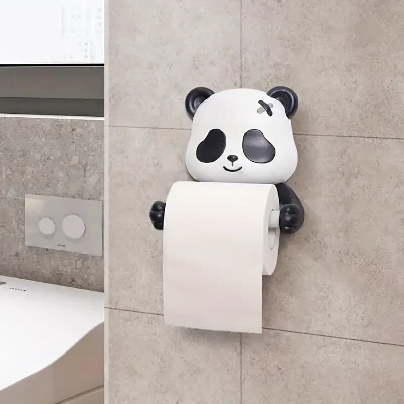 Portarotolo per carta igienica a parete con panda cartone animato da 1 pezzo, materiale plastico, installazione autoadesiva, nessuna perforazione richiesta, trattamento superficiale spray, portarotolo per carta igienica con portaoggetti