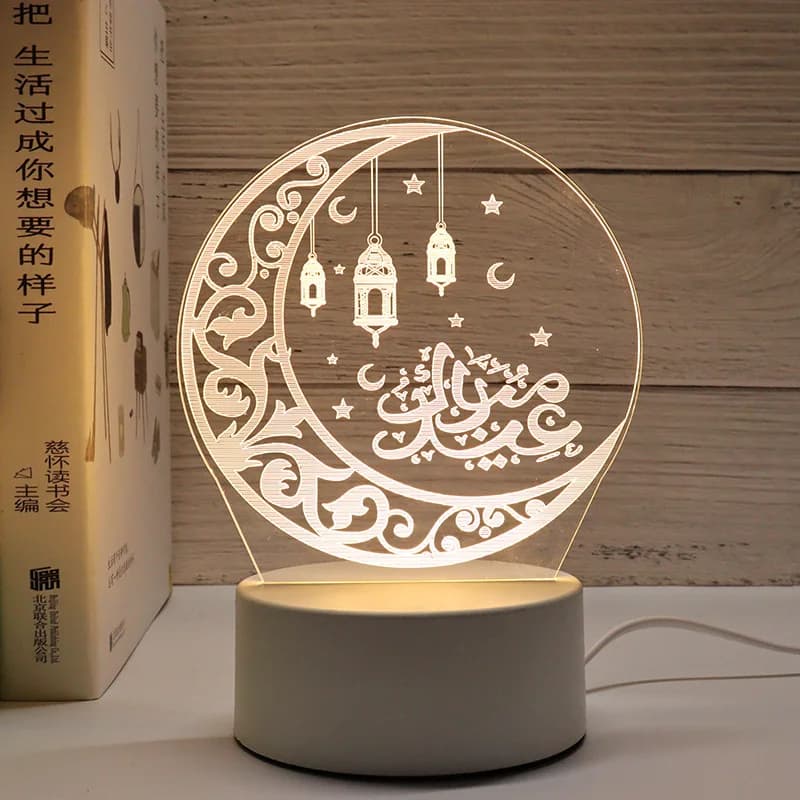 Lampada Notturna LED 3D in Acrilico, Ornamenti EID Mubarak, Decorazione per Stanza per Festival Islamico Musulmano, Lampada al Neon con Alimentazione USB