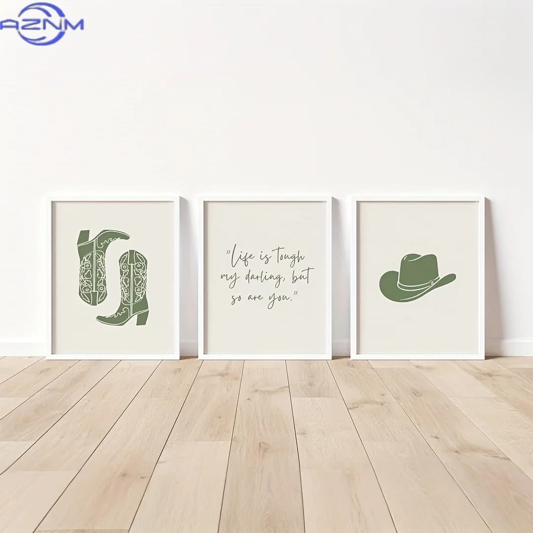 Mural, 3pcs/set Western Fashion Canvas Wall Art Set, Green Girly Fashion Western Art Mural, Wild West Cowgirl Boots Print, Canva