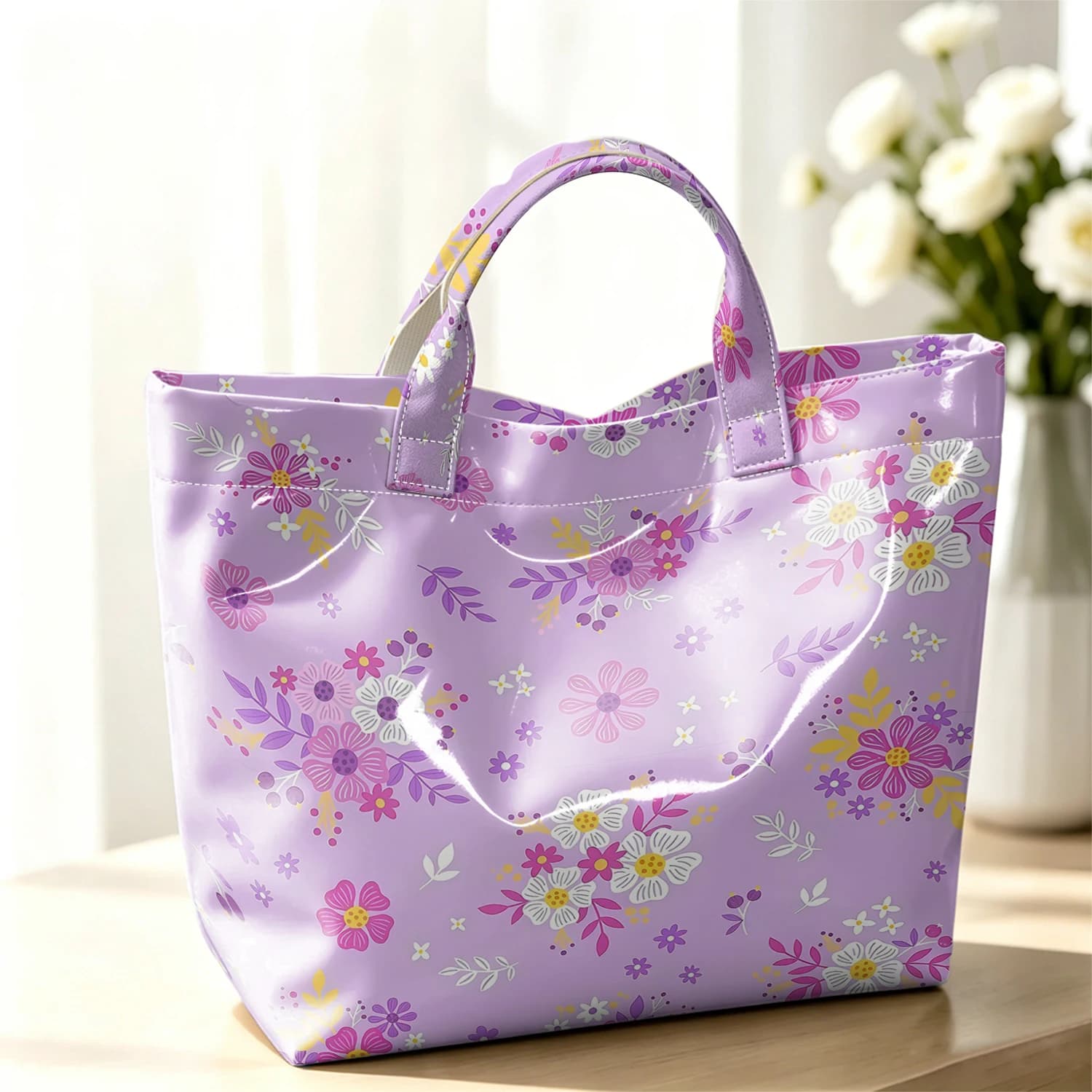 Lilac Mixed Floral Stylish Large Glossy PVC Tote Bag Washable Waterproof Durable Ideal for Travel Commute Cosmetics Handbags