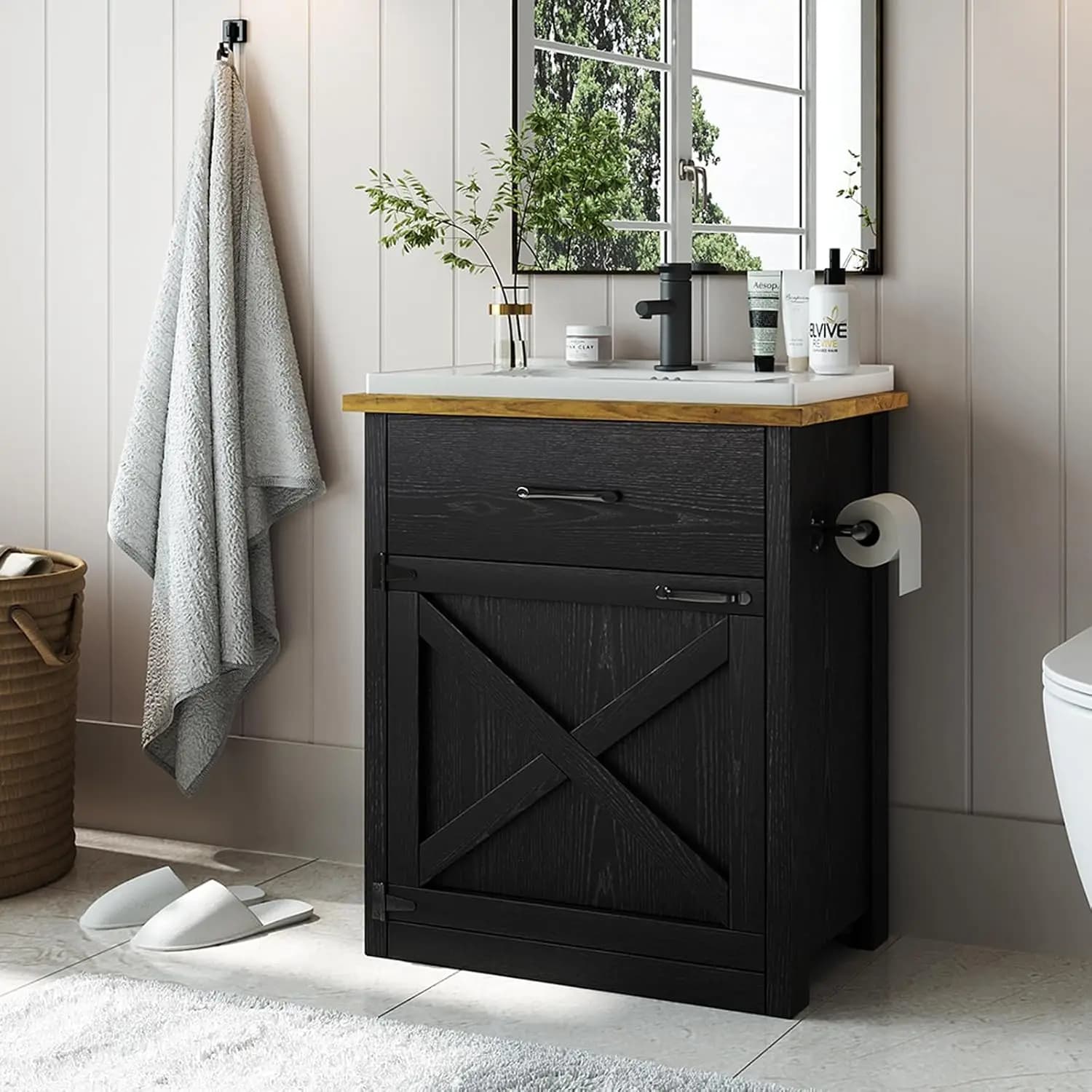 Mobile bagno da 24 pollici con lavabo, mobiletto bagno stile rustico con cassetto e anta scorrevole, portasciugamani