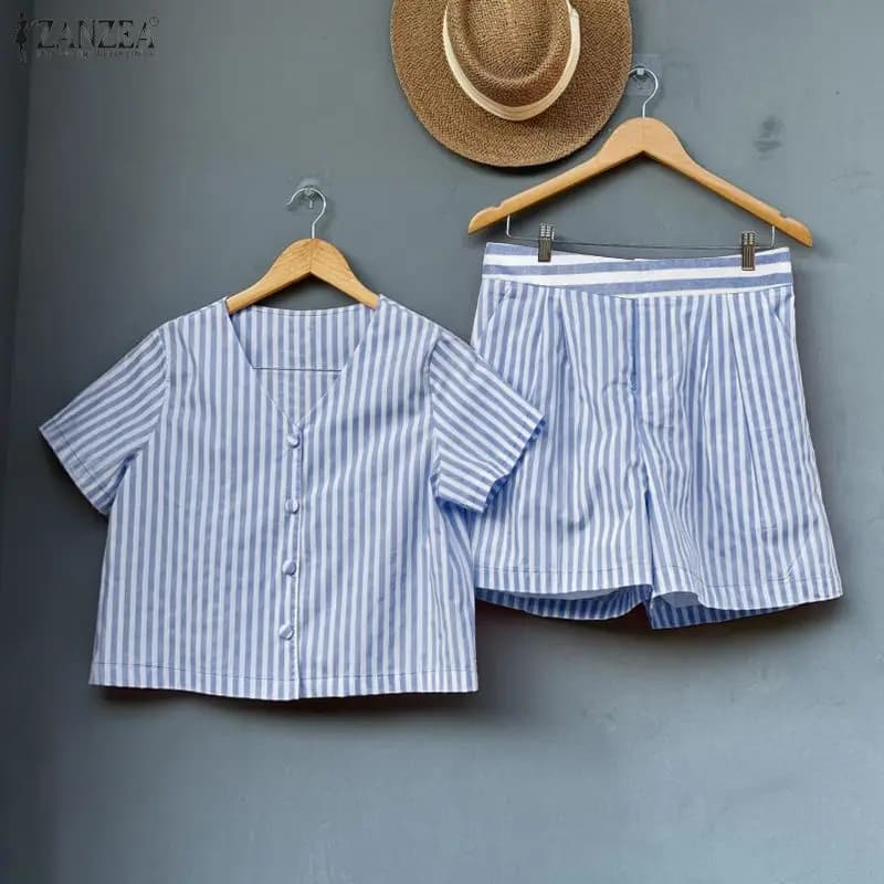 ZANZEA Completo Estivo da Donna 2 Pezzi, Tuta Casual a Righe per Vacanze, Set Corto con Scollo a V, Camicetta a Maniche Corte e Pantaloncini 2026